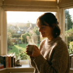 A person holding a warm cup looking out a window